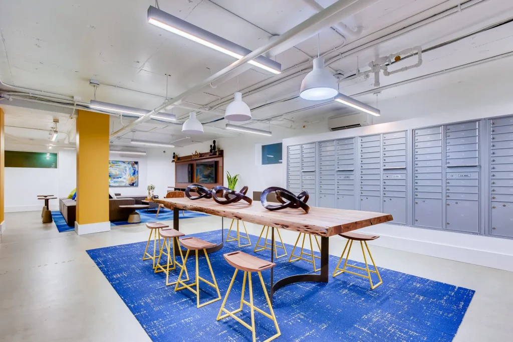 Mail room looking into the clubhouse lounge