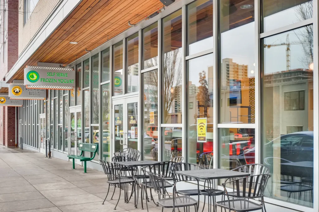 Self serve frozen yogurt restaurant with outdoor seating