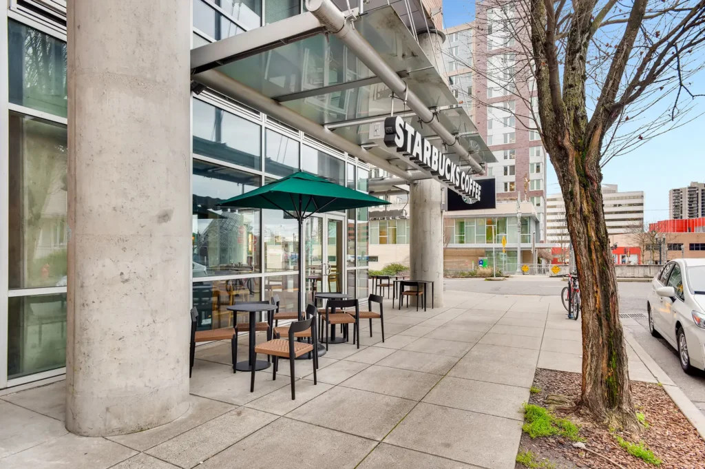 Outdoor seating at a Starbucks Coffee shop