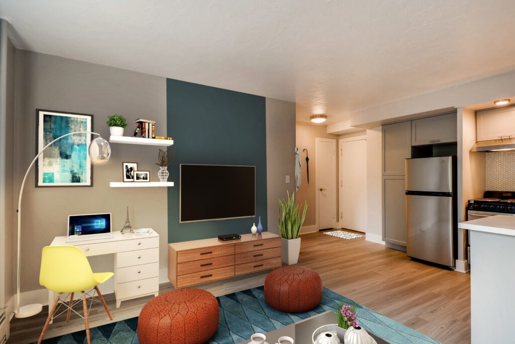 Living room with open view of kitchen